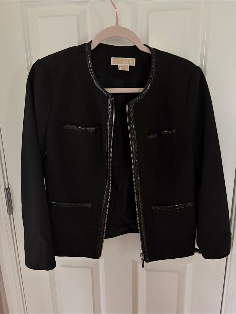 Michael Kors Black Collarless Blazer with Patent Trim